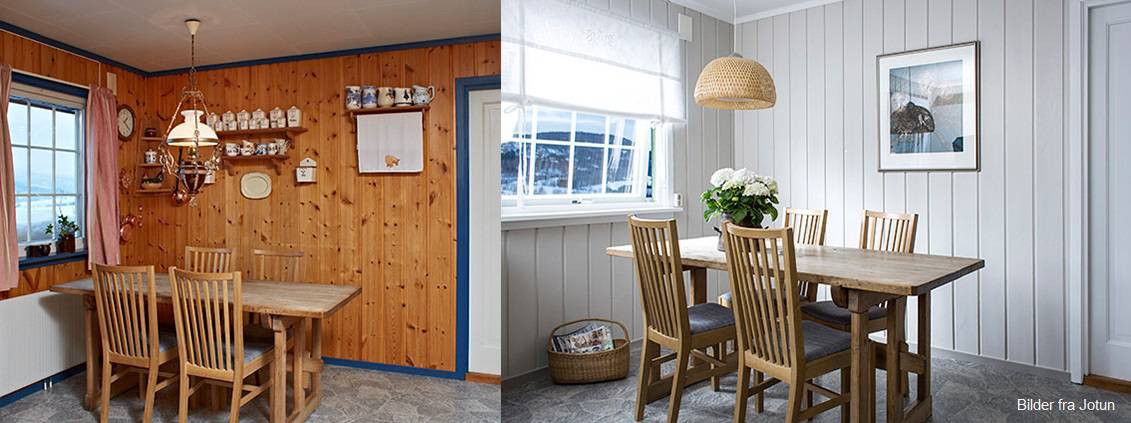 Kjøkken med malt panel før og etter