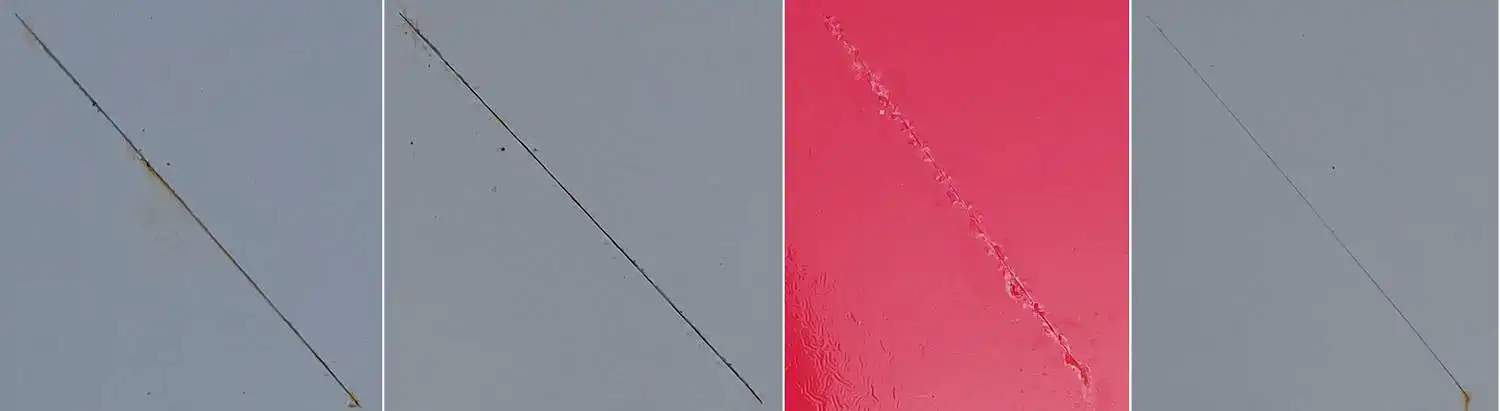 Sammenligning rusttest 1 måned f.venstre Pilot ACR, Power coat, Alkyton, Hempel 2-K Metallmaling på rust ved saltvann