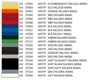 RAL fargekart Spraylakk Motip Proff RAL farger 400 ml