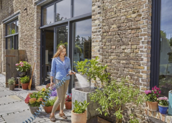 Slangen monteres på veggen. Etter bruk kveiler slangen seg automatisk tilbake til en minimal størrelse. Dette eliminerer behovet for å rulle ut og opp slangen igjen. Slangelengden er 10m, ideell til vanning av planter på små områder. Den medfølgende pulssprøyten ligger godt i hånden, vannmengden kan reguleres trinnløst og pulsavtrekkeren kan låses ved behov.